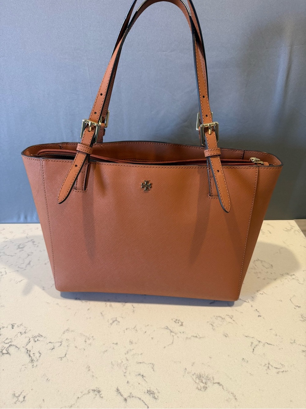 Tory Burch Leather Double-Handle Tote in Cognac Brown